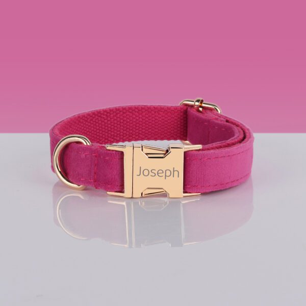 Pink personalized dog collar with "Joseph" engraved.