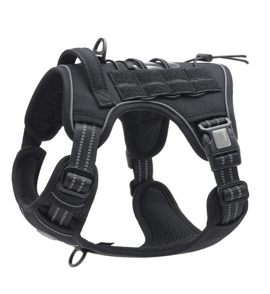 Black tactical dog harness with leash attachment.